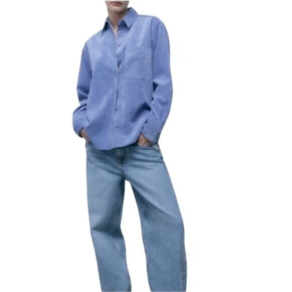 ZARA Fine-Waled Corduroy Oversized Blue Button-Up Shirt Size XS - Picture 1 of 15